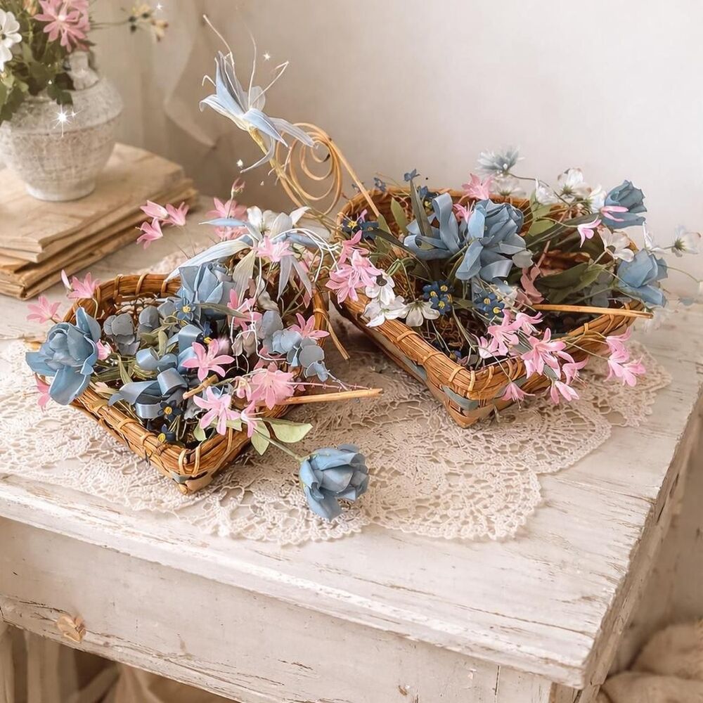 Coquette Cottagecore Floral Baskets Pink Blue Vintage Spring Room Decor